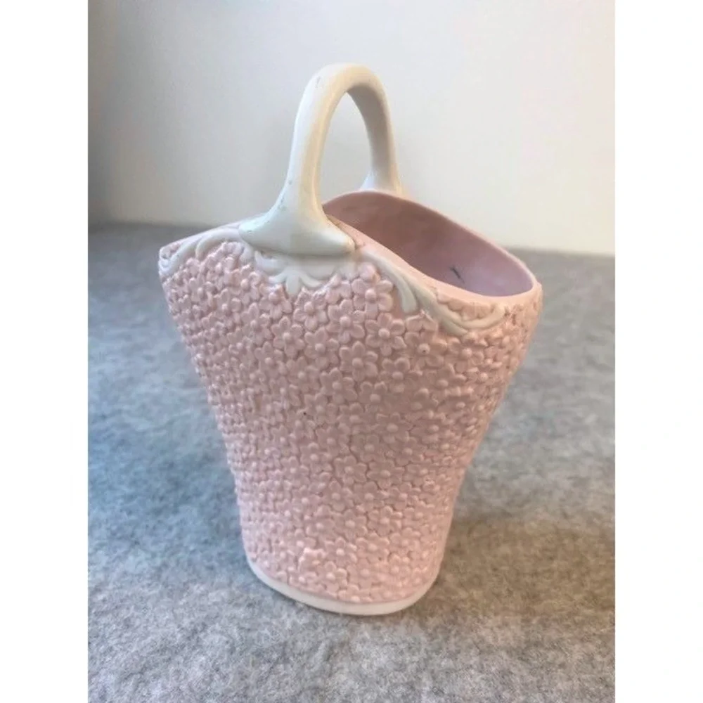 Ucagco Pink Jasperware‎ Style Porcelain Cameo Basket Vase ** VINTAGE 1950'S